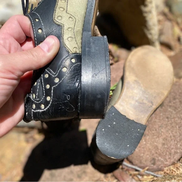 John Fluevog Adrians Amanda Saddle Shoe Loafer Leather Size 8 Womens Black Khaki - Picture 14 of 16